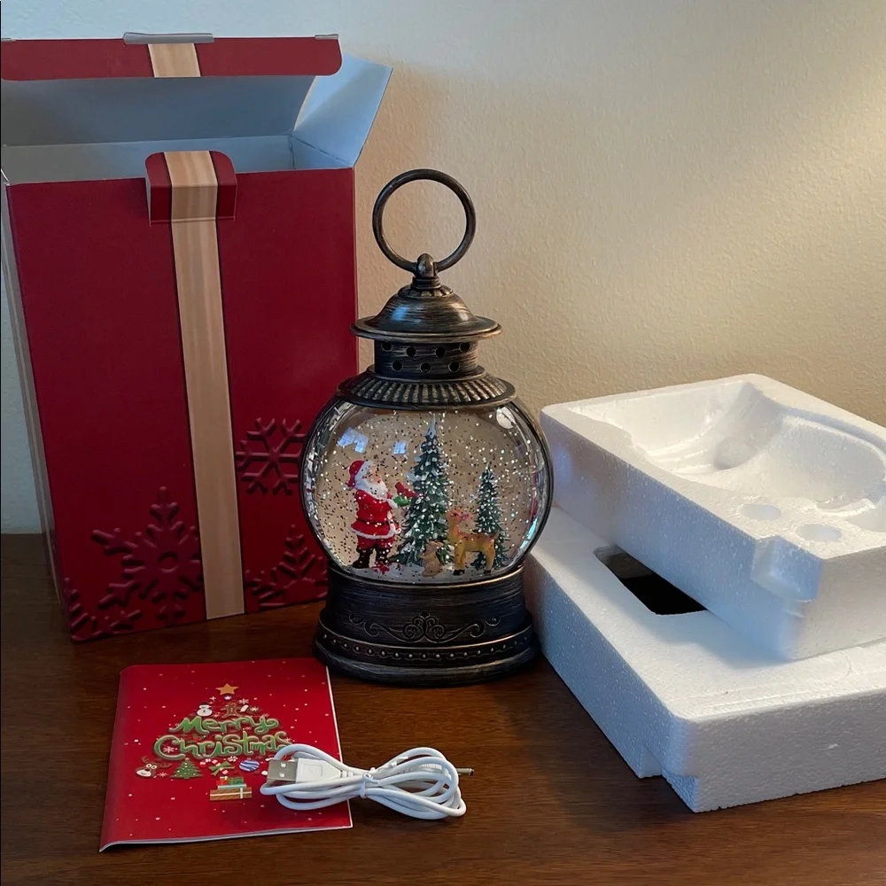 Musical Light Up Christmas Lantern Snow Globe with Santa and Reindeer